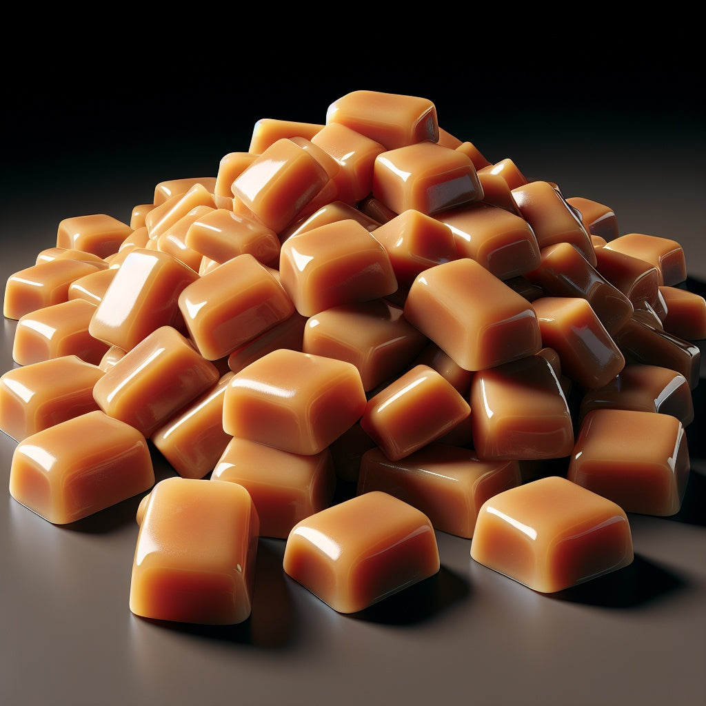 Close-up of rich, golden caramel candies with a smooth, creamy texture, beautifully displayed on green leaves, highlighting The Hug Shop’s caramel candy add-on for plush teddy bear gift boxes.