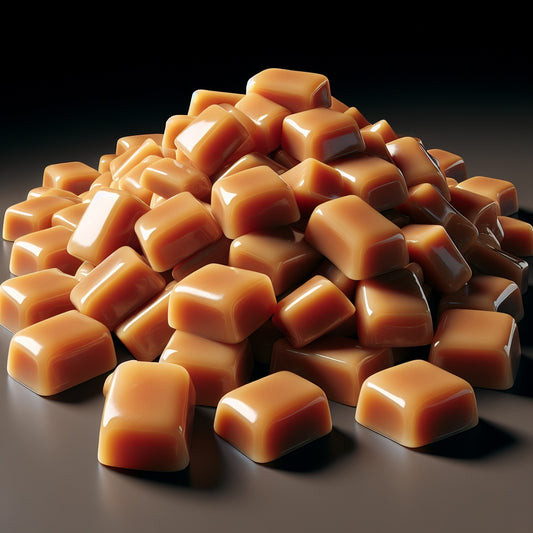 Close-up of rich, golden caramel candies with a smooth, creamy texture, beautifully displayed on green leaves, highlighting The Hug Shop’s caramel candy add-on for plush teddy bear gift boxes.