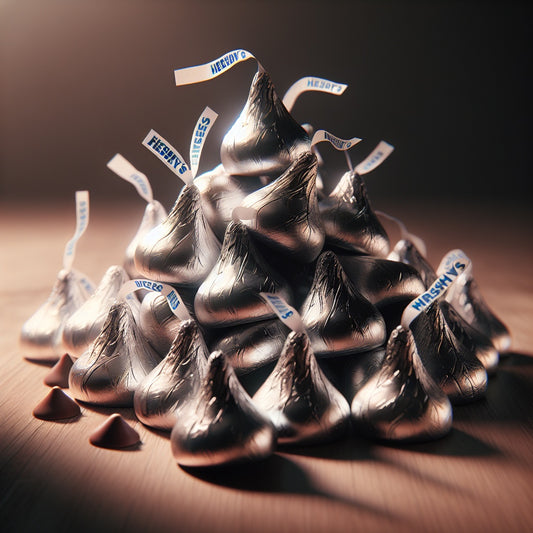 Hershey kisses, showcasing The Hug Shop’s gourmet chocolate add-on for plush teddy bear gift sets. 
