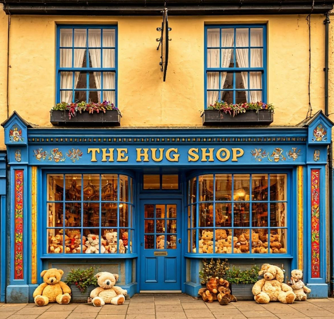 The Hug Shop storefront featuring a charming blue and yellow exterior with large display windows filled with plush teddy bears and soft stuffed animals, inviting passersby to explore the cozy collection of huggable gifts.